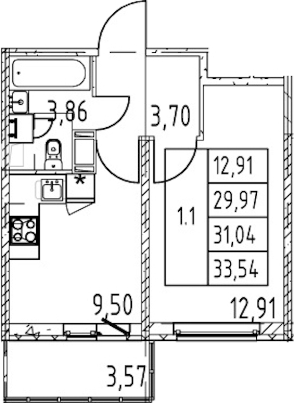 1-комнатная квартира 31.04 м², 12/12 эт., ЖК «Полис ЛАВрики»